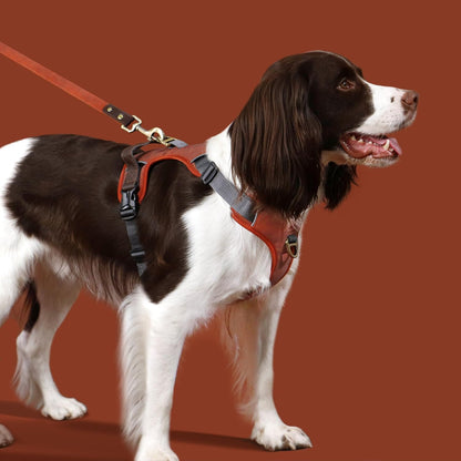 No Pull Dog Harness Medium Sized Dog,Stylish PU Leather Vest with Easy Control Handle,No Choke Front Clip with 2 Metal Leash Clips,Reflective & Adjustable for Walking,Brown,Chest 22-29"