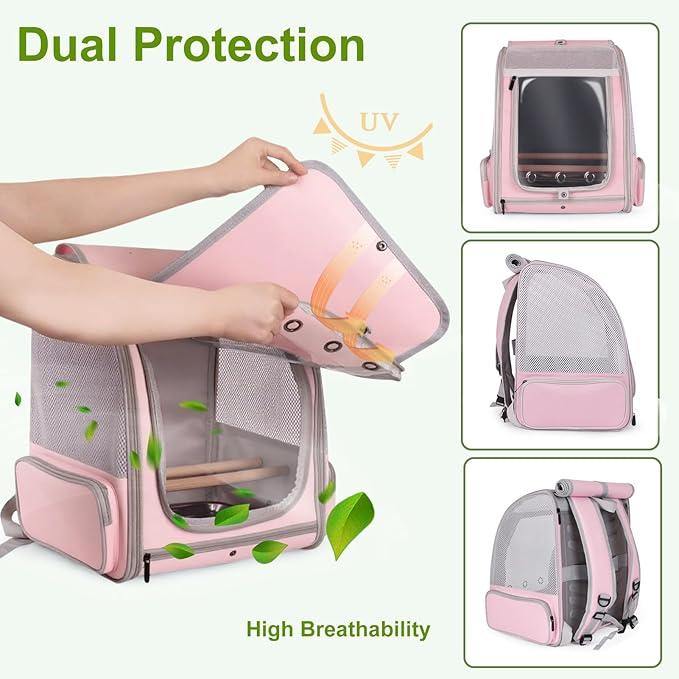 Parrot Carrier Backpack with Front Zipper Opening, Bird Travel Carrier Cage with Standing Perches and Metal Tray, Breathable Portable Transport Bag for Parakeet, Budgie, Conure, Cockatiel, Parrot