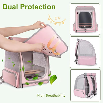 Parrot Carrier Backpack with Front Zipper Opening, Bird Travel Carrier Cage with Standing Perches and Metal Tray, Breathable Portable Transport Bag for Parakeet, Budgie, Conure, Cockatiel, Parrot
