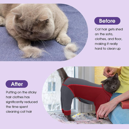 SUNFURA Hair Sticky Cat Clothes, Cat Sweater for Cats Only, 4-Legged Fleece Sweaters Kitten Pajamas Reduce Shedding Fur, Warm Pullover Shirts for Cats, Red S