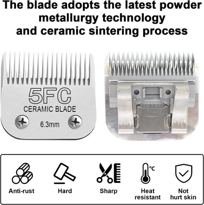 Detachable Pet Dog Clipper Blades, Compatible with Size-5FC(6.3mm), Most Oster A5, KM Series Clippers,Made of Ceramic Blade & Stainless Steel Blade 2Pack