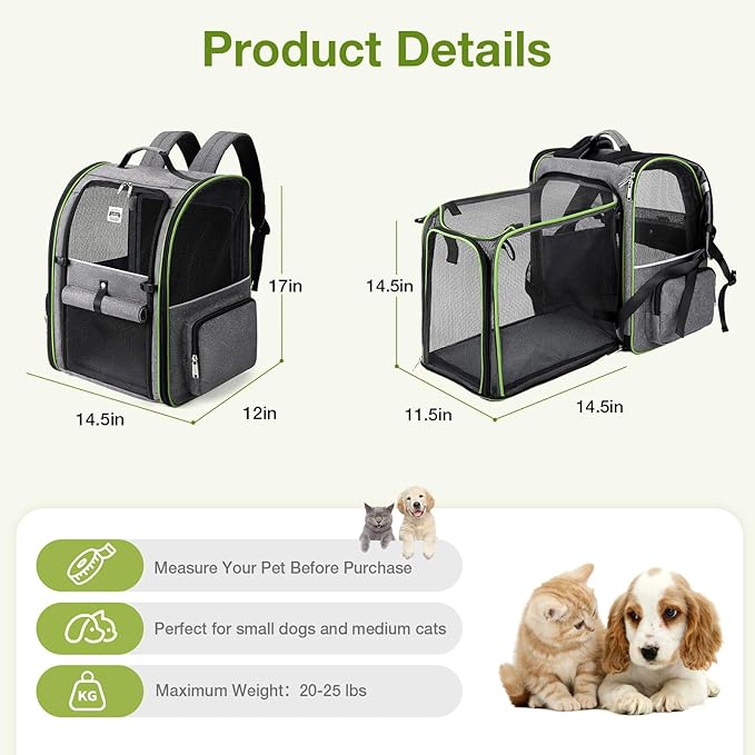 Lekebobor Large Cat Backpack Carrier Expandable Pet Carrier Backpack for Small Dogs Medium Cats Fit Up to 18 Lbs,Dogs Foldable Puppy Backpack Carrier for Travel, Hiking,Grey with Green Edge,L