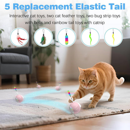 Cat Toys Interactive for Indoor Cats, Touch & Sound Smart Control - Fast Slow 2 Speed Motion Activated Cat Ball Toy for Bored Cats with LED Lights, Feathers Tail, USB Charging Cable, 6in1
