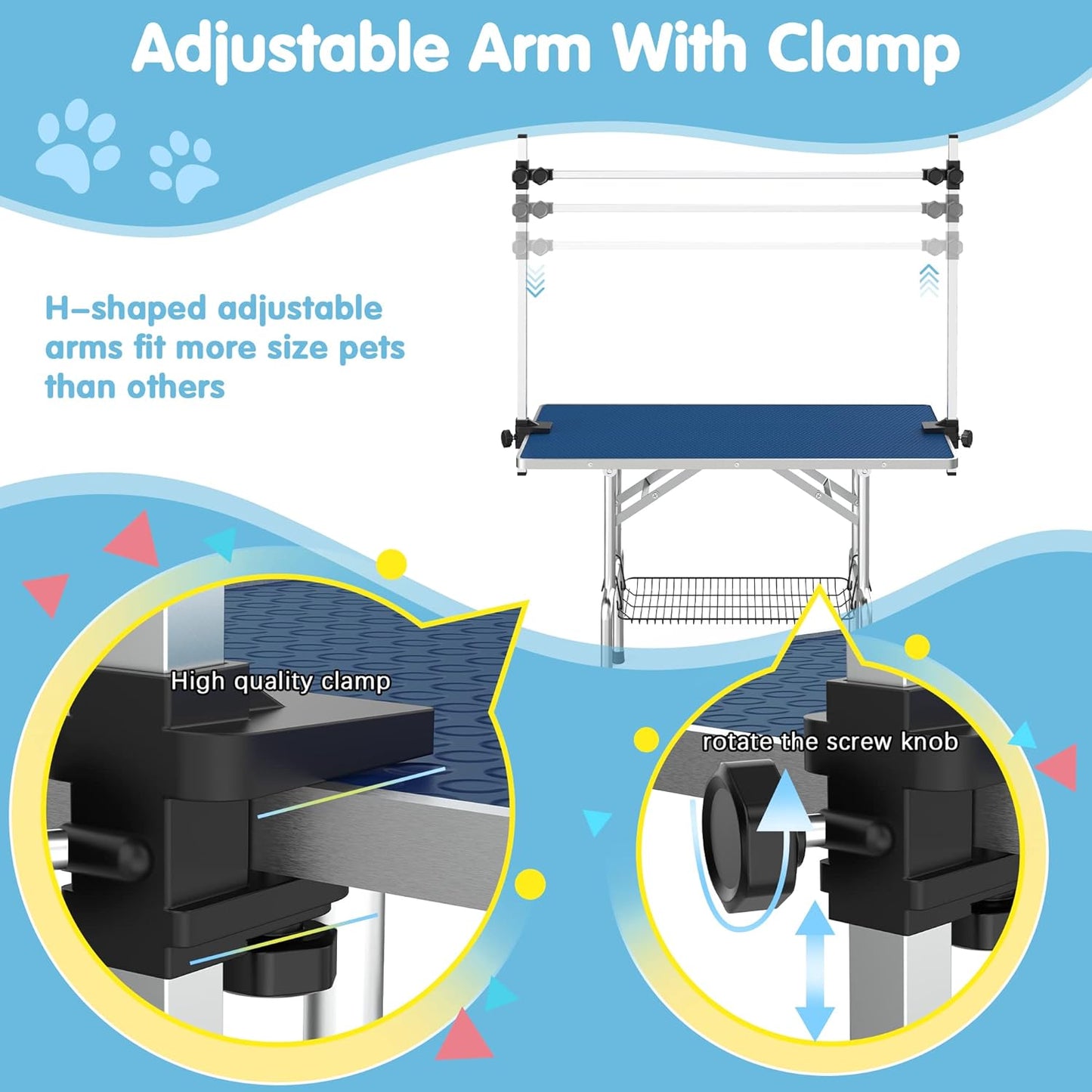 Lyromix 46''Large Dog Grooming Table, Adjustable Cat Drying Desktop with Arms, Nooses, Mesh Tray, Foldable Pet Station at Home, Maximum Capacity Up to 330Lb, 46inch, Blue