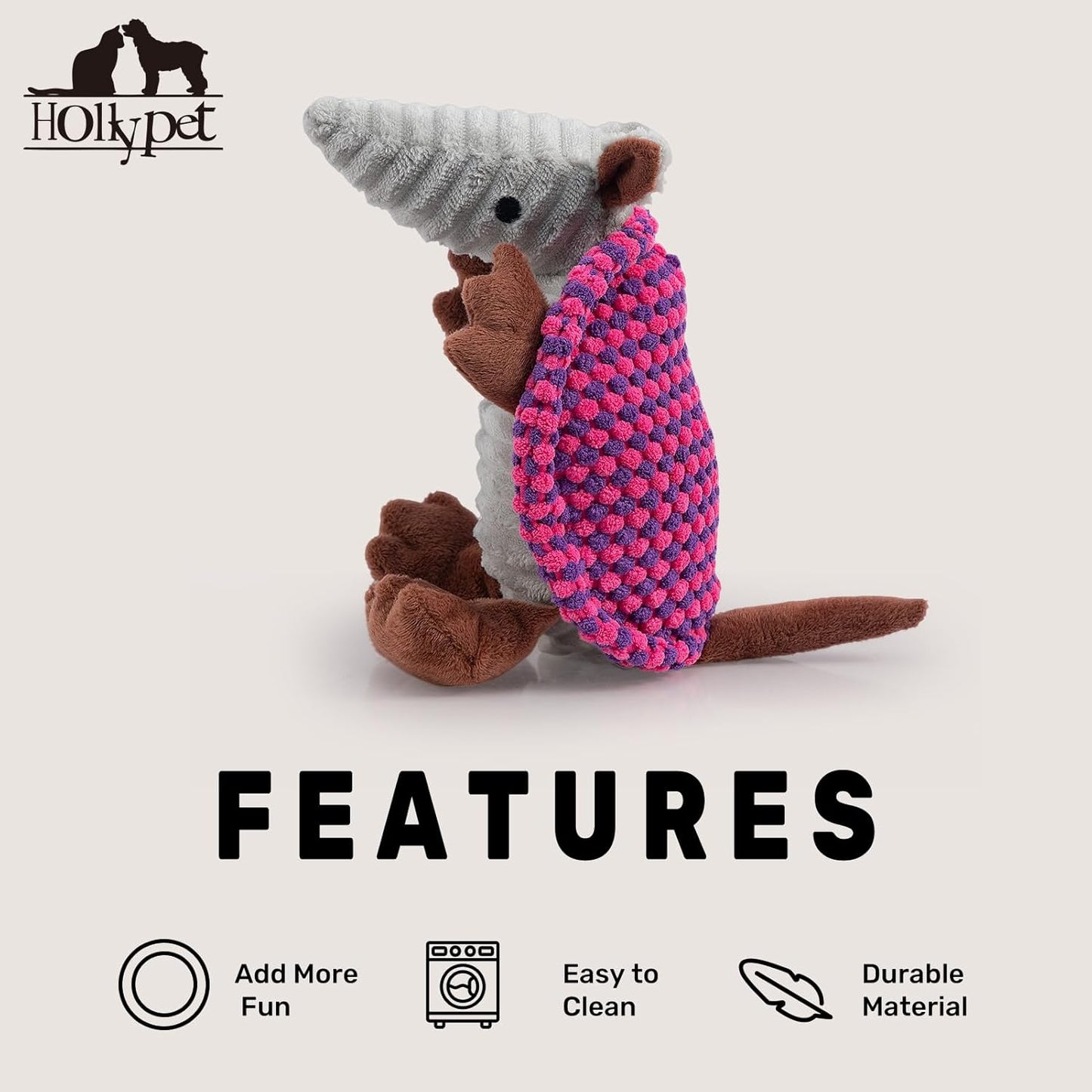 Hollypet Plush Dog Squeaky Toy Stuffed Armadillo Animal Pet Puppy Chew Toys with Clean Teeth for Small Medium Large All Breed Sizes Dogs, Rose Red and Purple,8 in