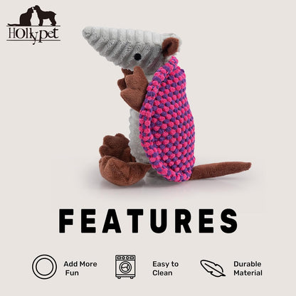 Hollypet Plush Dog Squeaky Toy Stuffed Armadillo Animal Pet Puppy Chew Toys with Clean Teeth for Small Medium Large All Breed Sizes Dogs, Rose Red and Purple,8 in