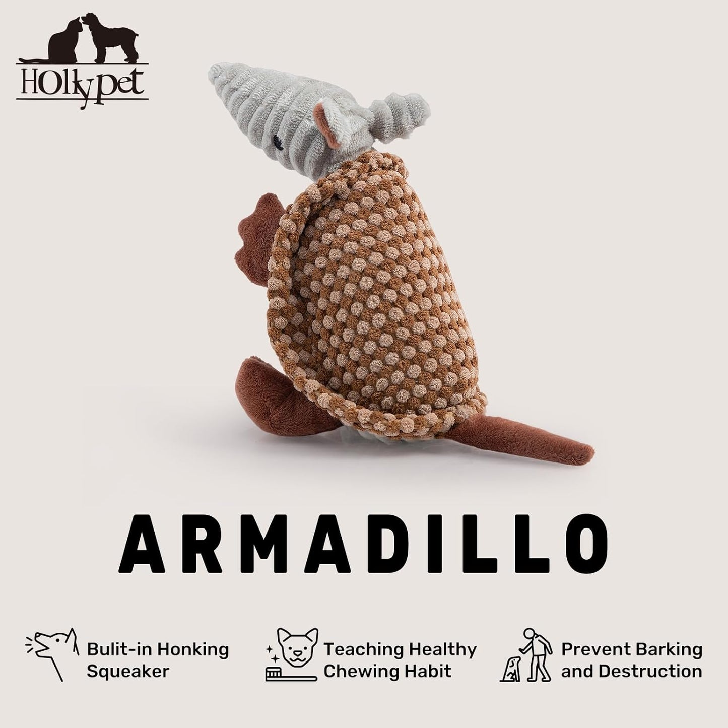 Hollypet Plush Dog Squeaky Toy Stuffed Armadillo Animal Pet Puppy Chew Toys with Clean Teeth for Small Medium Large All Breed Sizes Dogs, Brown and Bronze,8 in