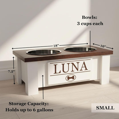 GrooveThis Woodshop - Personalized Elevated Dog Bowl Stand for Large, Medium, Small, X-Small Dogs - Stainless Steel Food and Water Bowls - Raised Dog Dish with Internal Storage (Small, Dark Walnut)