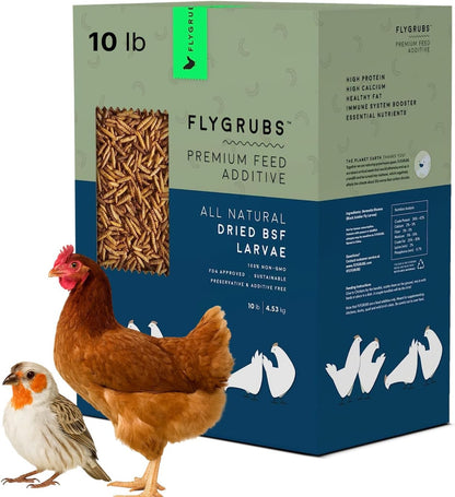FLYGRUBS 10 lb Dried Black Soldier Fly Larvae - High Calcium Chicken Feeder - 85X More Calcium, Non-GMO Meal Worms for Wild Birds, Ducks, Turkeys, Quails, Turtles - Nutrient-Rich BSFL