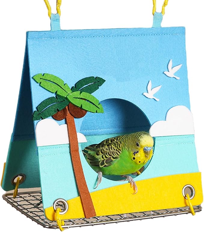Felt Bird Bed for Cage with 304 Stainless Steel Grid - Large Size (9.4"x6.3"x8.3") - Hanging Hammock Swing Bird Tents for Parakeets, Budgies, Conures -Seaside