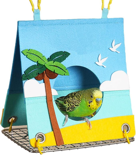 Felt Bird Bed for Cage with 304 Stainless Steel Grid - Large Size (9.4"x6.3"x8.3") - Hanging Hammock Swing Bird Tents for Parakeets, Budgies, Conures -Seaside