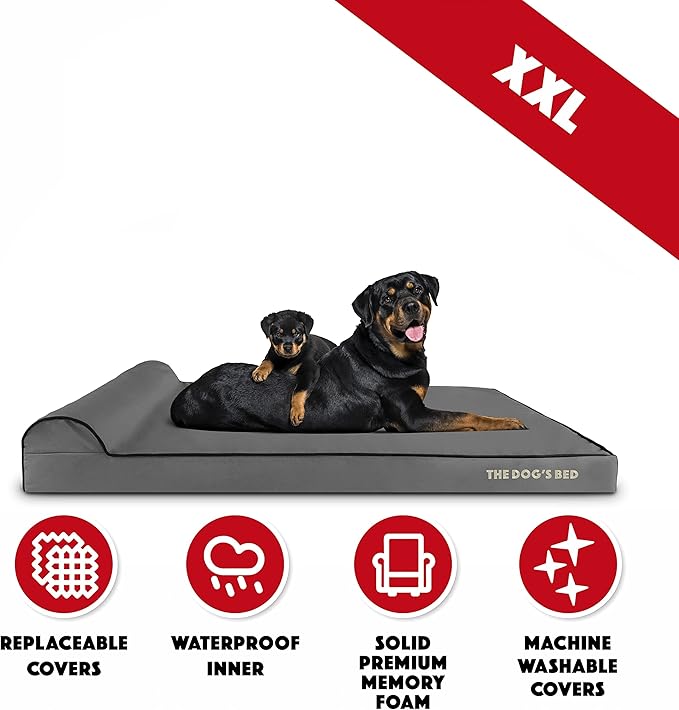 The Dog’s Bed Orthopedic Headrest Dog Bed XXL Grey/Black, Memory Foam, Pain Relief for Arthritis, Hip & Elbow Dysplasia, Post Surgery, Lameness, Waterproof Washable Cover