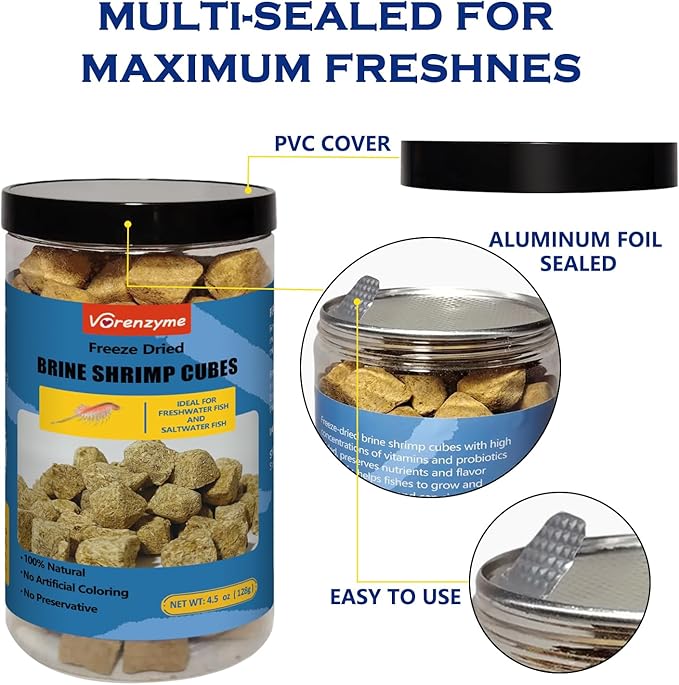 Freeze Dried Brine Shrimp Cubes– 100% Natural High‑Protein Fish Food for Tropical, Marine & Freshwater Aquarium, Turtles, Pond Fish, Koi, Discus, Angelfish, Tetras - Floating Shrimp Cubes, 4.5 oz