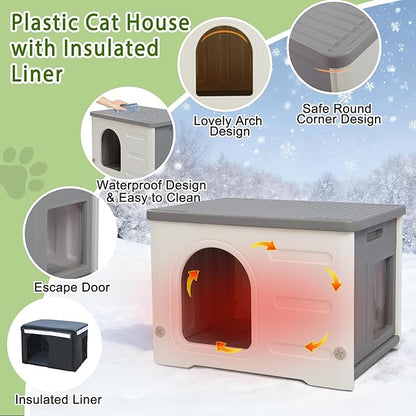 Insulated Cat House Outdoor Weatherpoof Plastic Cats Houses with Escape Door Indoor Waterproof Feral/Pet Cat Shelter Outside for Puppy, Rabbit for Winter