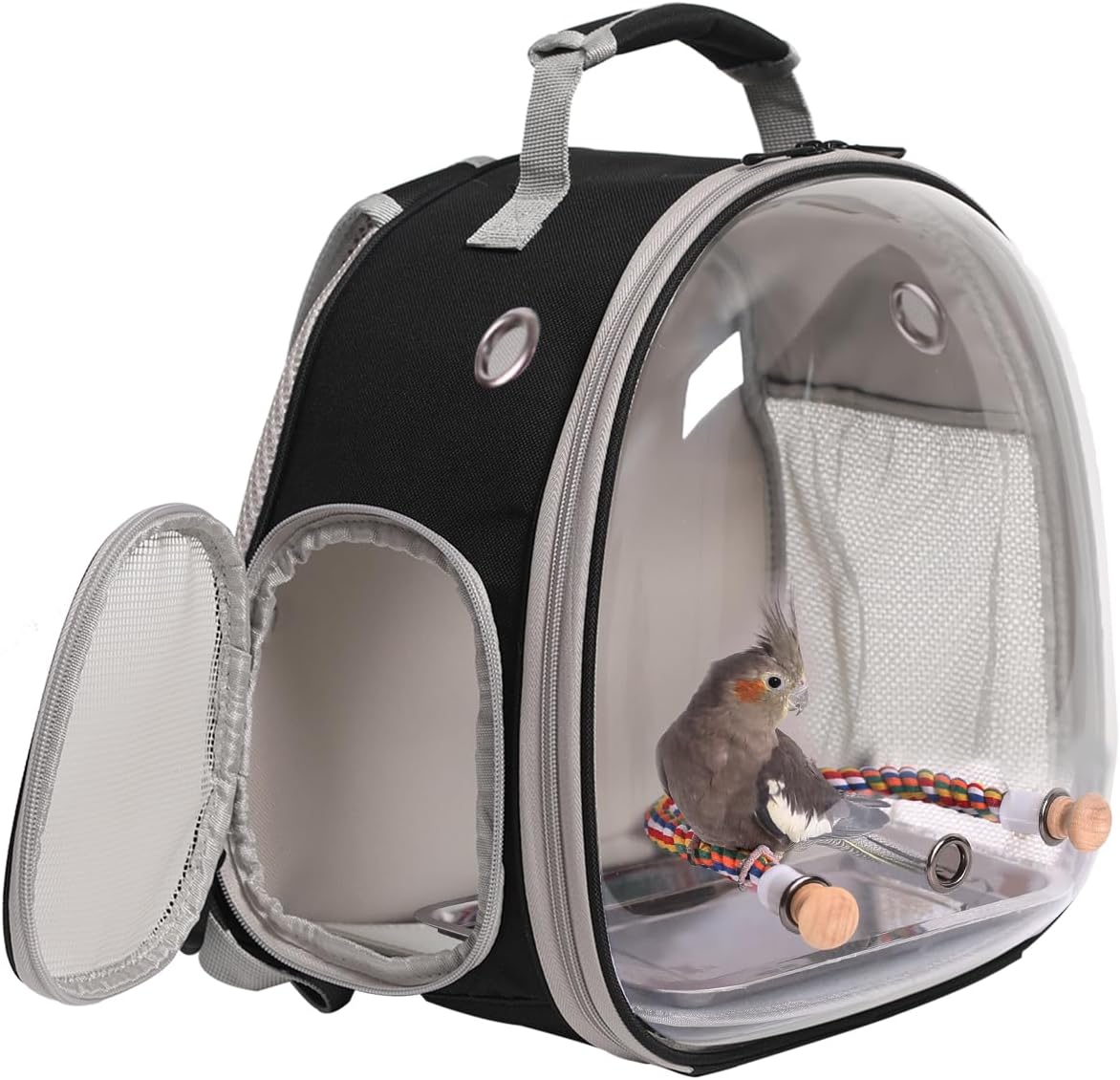 Small Bird Travel Backpack Carrier Cage, Backpack to Transport Backpack Carrier with Metal Tray Stand Perch for Parakeet Cockatiel Budgies Vet Carry Book Bag Black