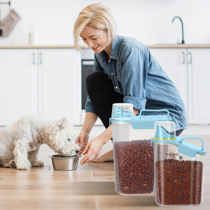Dog Food Storage Container, Upgraded Large Nozzle BPA-free, (3LBS +5LBS) Plastic Pet Food Storage Containers, With 4 Sealed Clasps, 1 Measuring Cup and Handle (Bright blue)