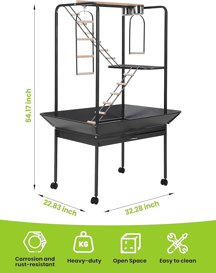 64'' H Inch Birdcage Stand Play Center with Perches and Ladders, Indoor Outdoor Playground for Birds, Bird Playstand w/Rotated Ring Removable Tray, Lockable Caster,Black, for Macaw and Parakeet
