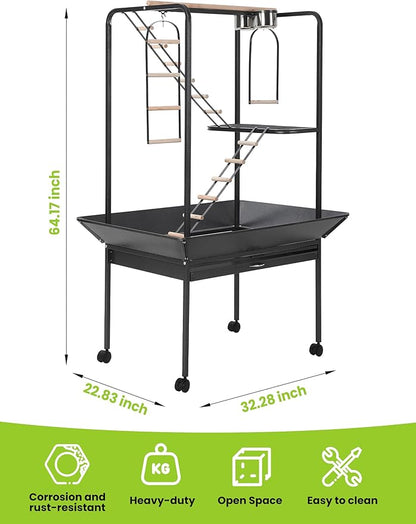 64'' H Inch Birdcage Stand Play Center with Perches and Ladders, Indoor Outdoor Playground for Birds, Bird Playstand w/Rotated Ring Removable Tray, Lockable Caster,Black, for Macaw and Parakeet