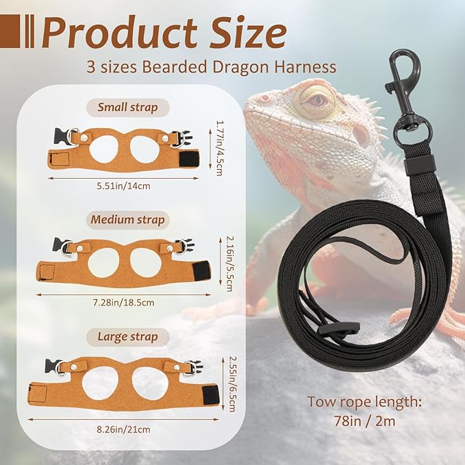 3 Pcs Bearded Dragon Harness and Leash Set Adjustable Leash Soft Leather Bearded Dragon Harness Lizard Accessory for Squirrels and Other Small Reptiles(Brown, 3 Sizes)