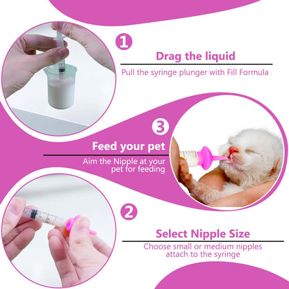 Pet Feeding Nipple with Syringe, Soft Silicone Nursing Pet Feeding Bottle, Ventilation Valve Resistant Tearing for Puppies, Kittens, Rabbit, Small Wildlife (L Nipple,Pink)