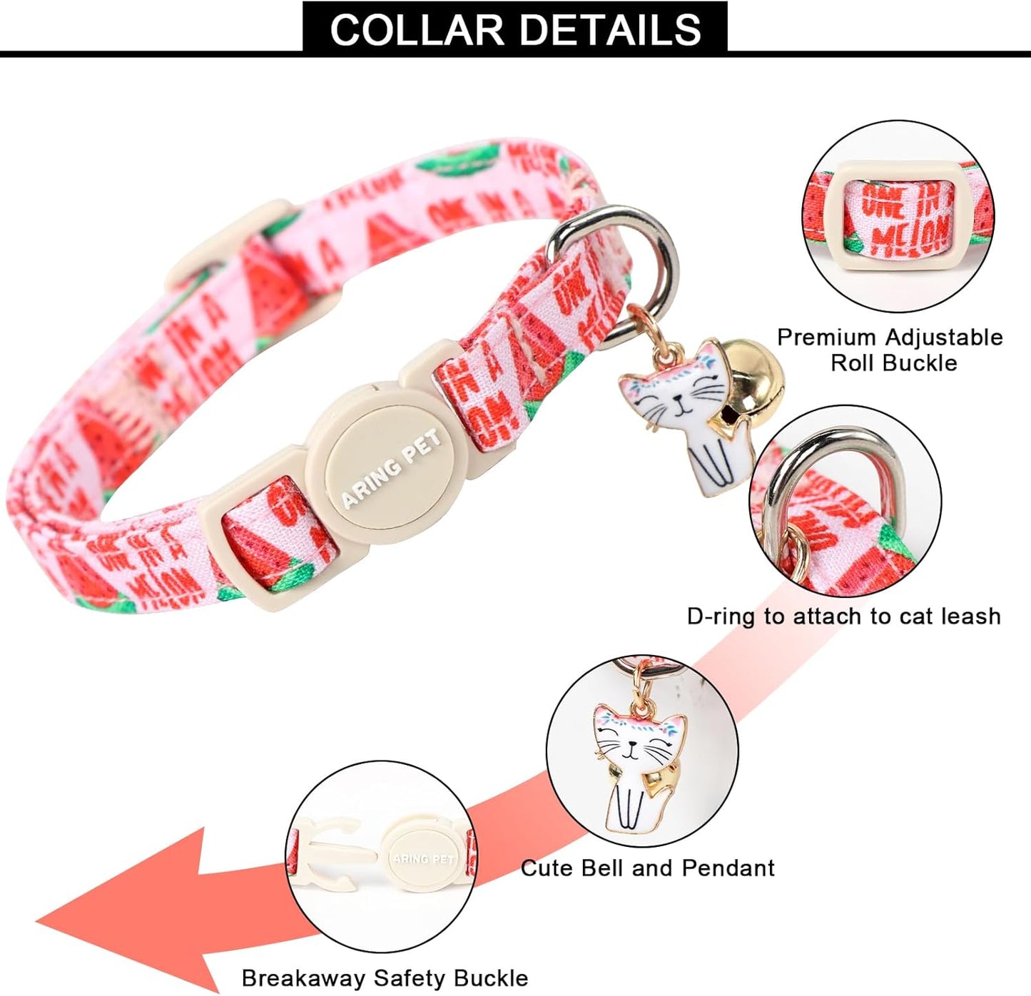 ARING PET 2 Pack Cat Collar-Cute Cotton Cat Collar with Bell & Pendant, Adjustable Summer Kitten Collars with Safety Buckle for Girl Pets