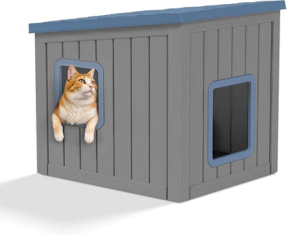 KAMABOKO Outdoor Cat House, Outside Multiple Kitty Feral Cat Houses, Weatherproof Shelter for Ferrel Cats and Dogs, Durable PP Material, Sloping Roof (Gray & Blue)
