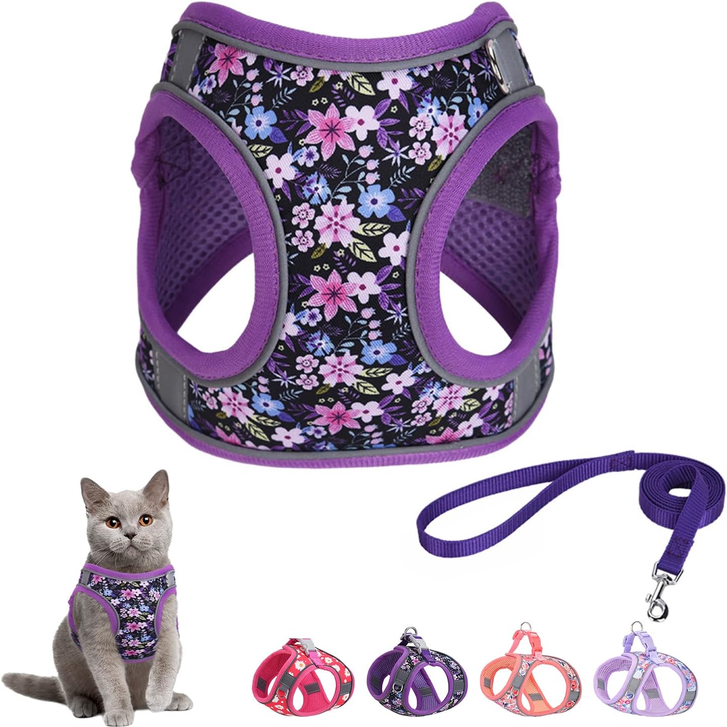 Step in Dog Harness and Leash Set, Flower Adjustable Easy Walk Puppy Harnesses, Soft Mesh Pet Vest Harness Small Size Dog Adjustable No Pull Dog Harness for Small Dogs and Cats(Purple, XS)