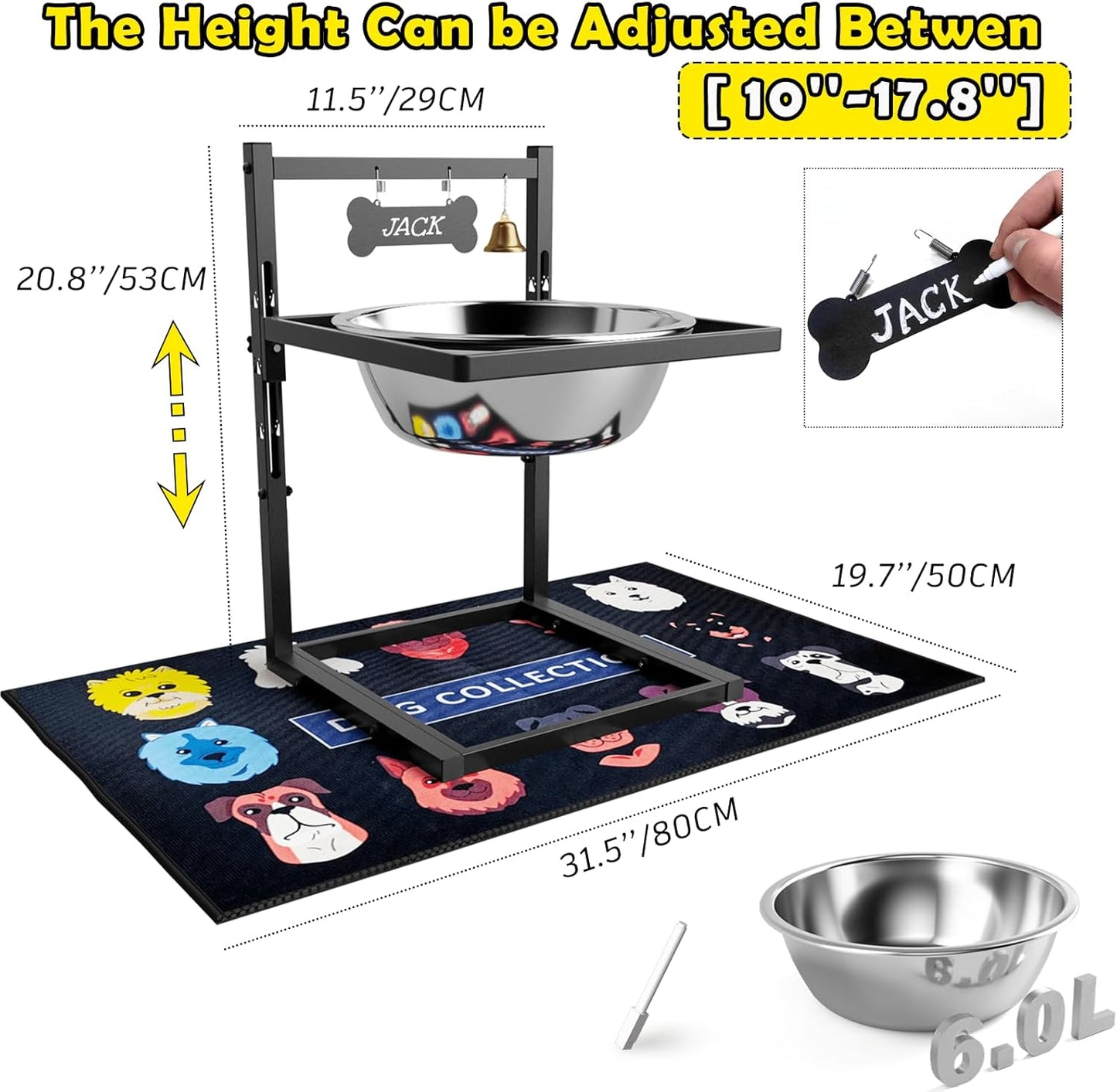 1.6Gallon Elevated Dog Water Bowl for Large Dogs, Height Adjustable (10-17.8in) Raised Stainless Steel Bowl with Spill-Proof Mat & Sturdy Metal Stand, Easy-Clean Feeder for Indoor/Outdoor Use