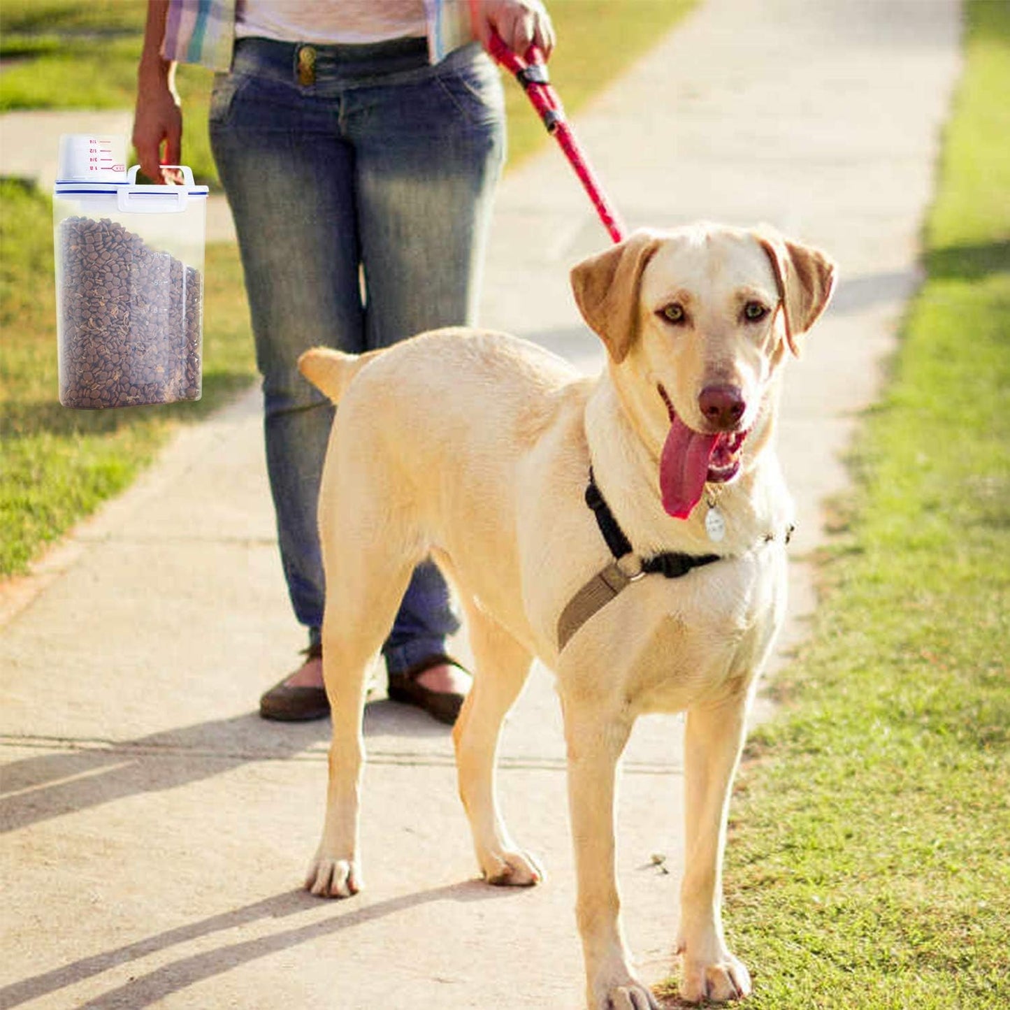 Rocutus Pet Food Storage Container,Portable Cat Dog Food Container With Measuring Cup,4 Seal Buckles Food Dispenser for Regular Food,Dogs, Cats, Birds (White Blue)