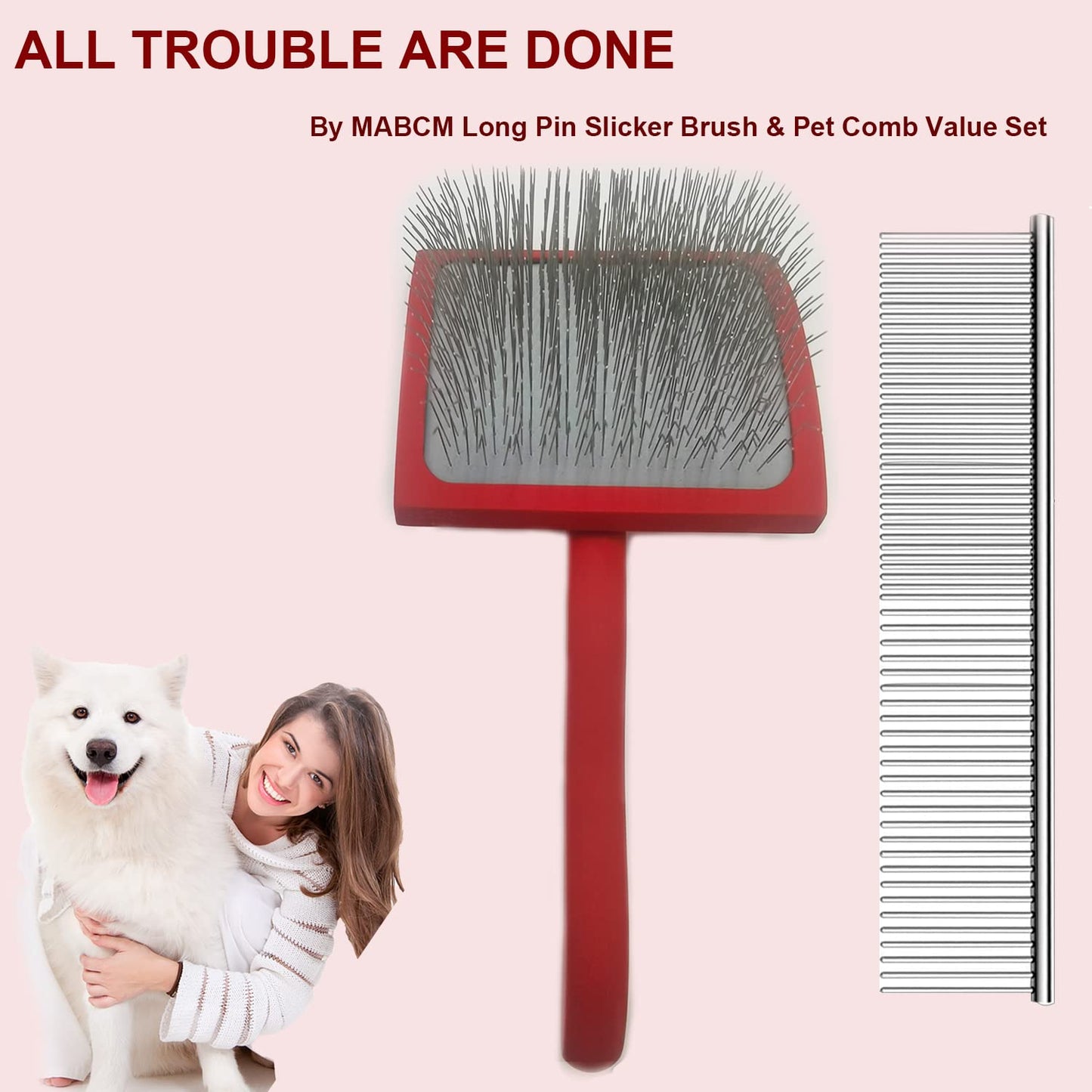 Large Ergonomic Slicker Brush for Dogs & Pets - Extra Long Pin Grooming Brush with Solid Wooden Handle for Poodles, Doodles, and Long-Haired Dogs (red)