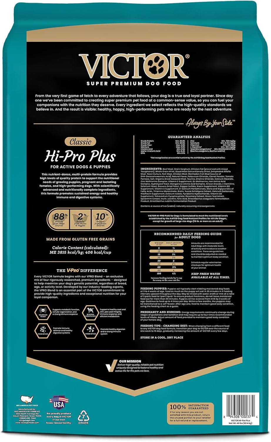 VICTOR Super Premium Dog Food – Hi-Pro Plus Dry Kibble – High Protein Dog Food with 30% Protein – Beef, Chicken, Pork, Fish Meals, Gluten Free - for High Energy and Active Dogs & Puppies, 40lbs