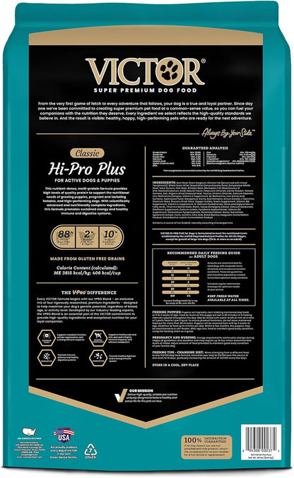 VICTOR Super Premium Dog Food – Hi-Pro Plus Dry Kibble – High Protein Dog Food with 30% Protein – Beef, Chicken, Pork, Fish Meals, Gluten Free - for High Energy and Active Dogs & Puppies, 40lbs