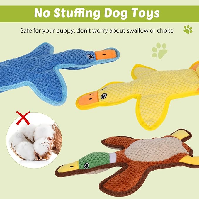 Dog Toys 3-Pack Cute Duck Shapes Puppy Toys No-Stuffing Squeaky and Crinkle Interactive Dog Chew Toy for Small to Large Breeds