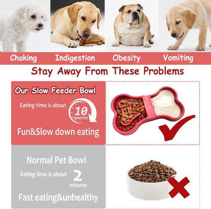 Bone Slow Feeder Bowl for Dogs Cats - 2-in-1 Lick Mat & Water Dish with 6 Non-Slip Pads, Food-Grade PP & Silicone Pet Bowl for Anti-Choking，Fun Feeding，Anxiety Relief (Red)