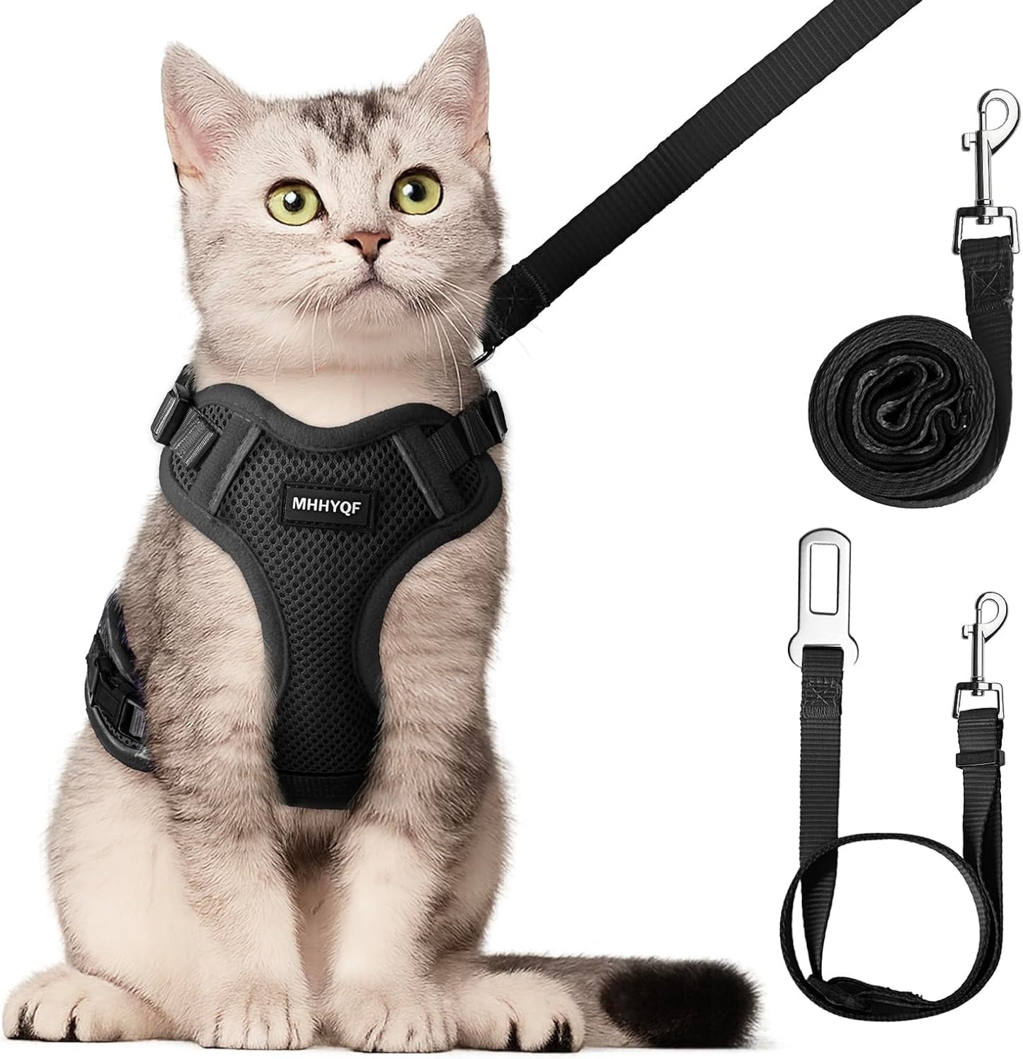 Cat Harness and Leash Set, Cat Car Harness, Soft and Breathable Vest with Reflective Strip, Anti Escape Adjustable Cat Harness, Easy to Wear for Cats Walking and Traveling, Black, M