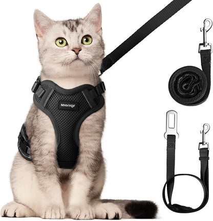 Cat Harness and Leash Set, Cat Car Harness, Soft and Breathable Vest with Reflective Strip, Anti Escape Adjustable Cat Harness, Easy to Wear for Cats Walking and Traveling, Black, M