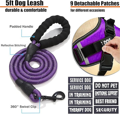 Service Dog Vest, 9 Dog Patches No Pull Dog Harness and Leash Set with Handle,Easy On and Off Pet Vest Harness with Night Safe Reflective Straps for Small Medium Large Breed Dogs