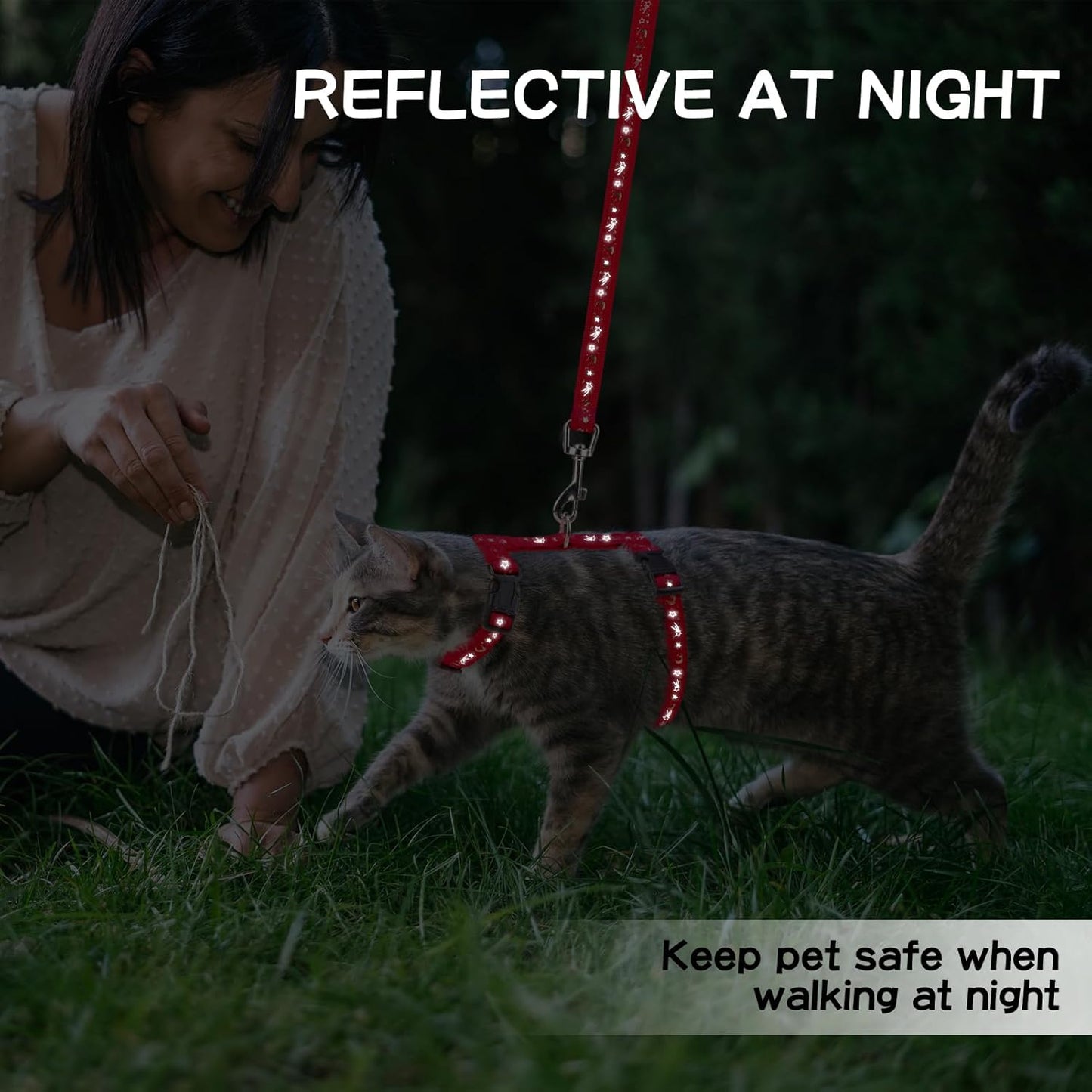 PAWCHIE Cat Harness with Leash and Collar Set - Escape Proof Adjustable H-shped Cat Harness with Star and Moon Pattern Glow in The Dark for Kitty Outdoor Walking, Red M