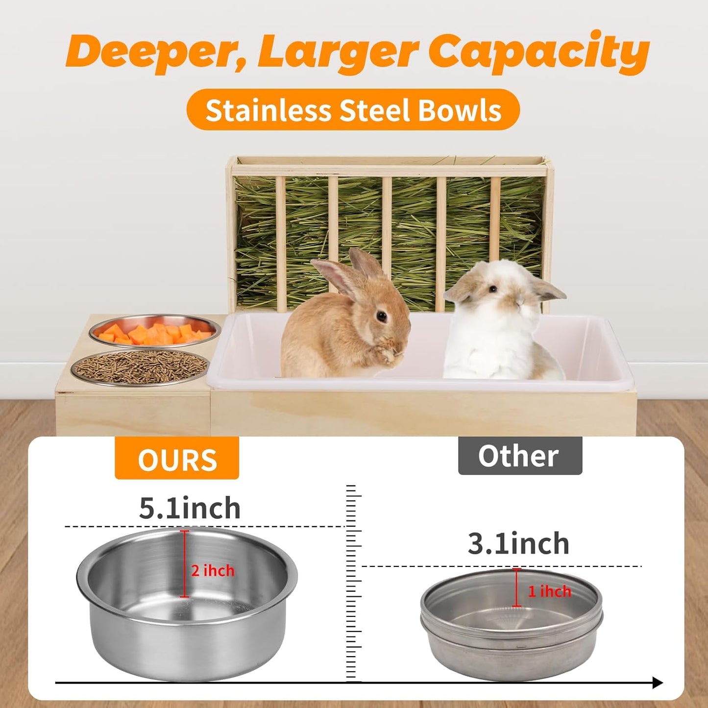 3 in 1 Rabbit Litter Box with Hay Feeder and Bowls - Wooden Rabbit Hay Feeder for Guinea Pig, Hamster, Small Animals