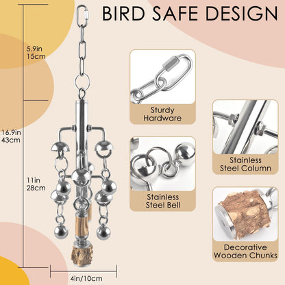 KATUMO Large Bird Toys, Natural Wooden and 304 Stainless Steel Bell Toy for Parrots, 1.46 LB Heavy Birds Cage Toy for Amazon Parrot, African Greys, Budgies, Lovebirds, Cockatiels,Cockatoo