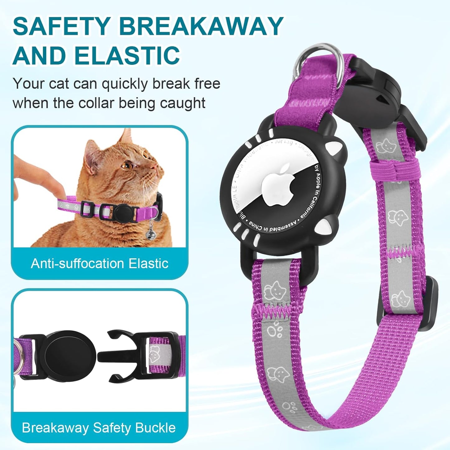 Airtag Cat Collar, Reflective Cat Collar with Apple Air Tag Holder, Breakaway GPS Tracker Pet Collar with Bell for Cat Kitten, Airatg Not Included, Purple, XS(7-9 Inch)