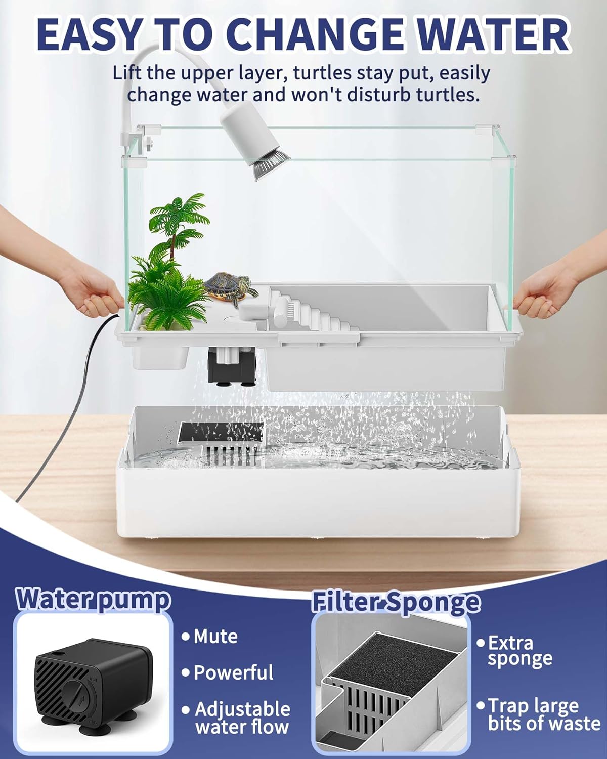 Small Turtle Tank Kit(Tank + Light + Water Pump), Acrylic Turtle Tank Starter Kit with Upgrade Rain Shower Head, Adjustable 5W Water Pump, Higher Fences and Multi-Function Area. (S-Kit)