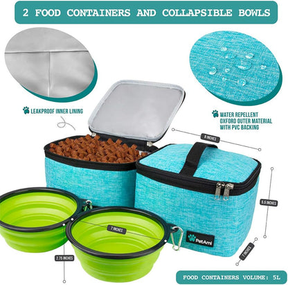 PetAmi Travel Bag Organizer - Dog & Cat Diaper Bag with Food Container and Bowls, Perfect for Weekend Camping (Sea Blue, Large)