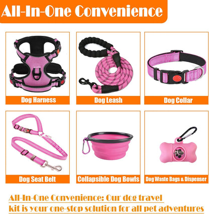 No Pull Dog Harness, Collar & Leash Set | Includes Dog Seat Belt, Collapsible Bowls & Poop Bag Dispenser. Ideal for Training, Walking, Hiking. Fits Small to Large Dogs(Pink-S)