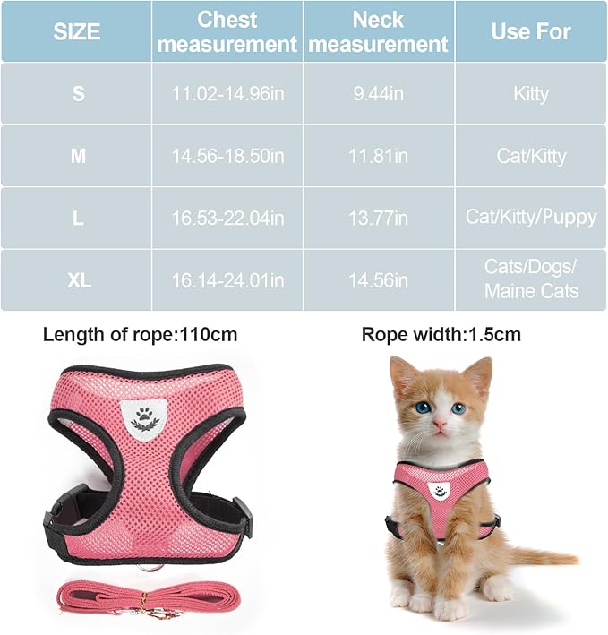 shudyear Summer cat Chest Harness and Leash, Anti-Escape Adjustable Soft mesh cat Leash and Chest Harness Set for All Types of Cats cat Vests(Size M,Pink)