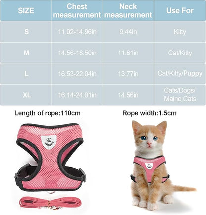 shudyear Summer cat Chest Harness and Leash, Anti-Escape Adjustable Soft mesh cat Leash and Chest Harness Set for All Types of Cats cat Vests(Size M,Pink)