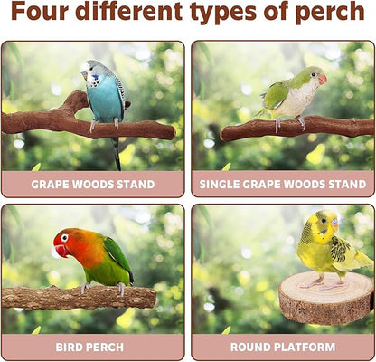 7-Piece Bird Perch Set: 3 Grapevine Paw Grinding Forks, 2 Wood Stands & 2 Hammocks - Cage Accessories for Parakeets, Cockatiels, Conures, Budgies