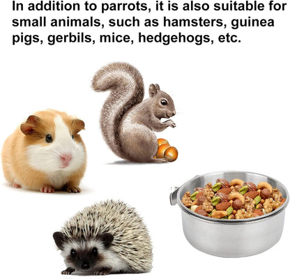 Bird Feeding Dish Cups 3 Pack Parrot Food Bowl Cage with Clamp Holder Stainless Steel Birdcage Coop Water Feeder for Cockatiel Conure Budgies Parakeet Macaw Finches Lovebirds Small Animal (S+M+L)