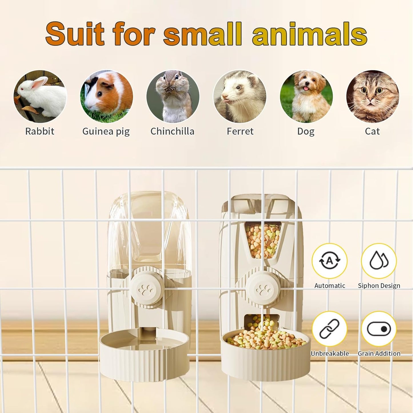 Rabbit Automatic Food Feeder and Water Dispenser Bunny Gravity Feeding Station Waterer Set Hanging Self-Dispensing Feeder for Ferret,Guinea Pigs Chinchillas Hedgehog (Grey)