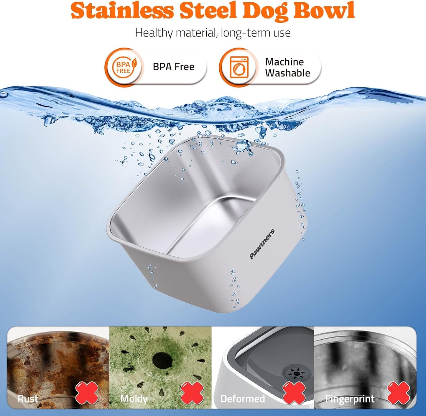 Dog Water Bowl No Spill, 4.5L Stainless Steel Dog Floating Bowl, Slow Water Bowl for Dog with Filter, Non-Slip Base, No Splash Water Bowl for Medium Large Messy Drinkers White